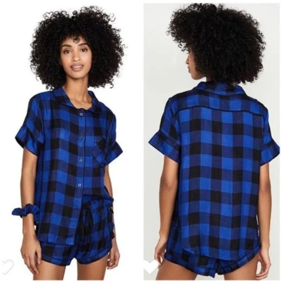 REVOLVE x PLUSH Buffalo Plaid Pajama Set & Scrunchie, Blue XS NWT - Picture 3 of 10